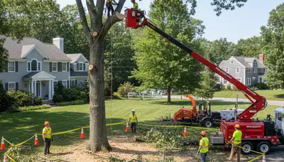 Professional crew performing safe tree removal with bucket truck and chainsaw in Wellesley, MA