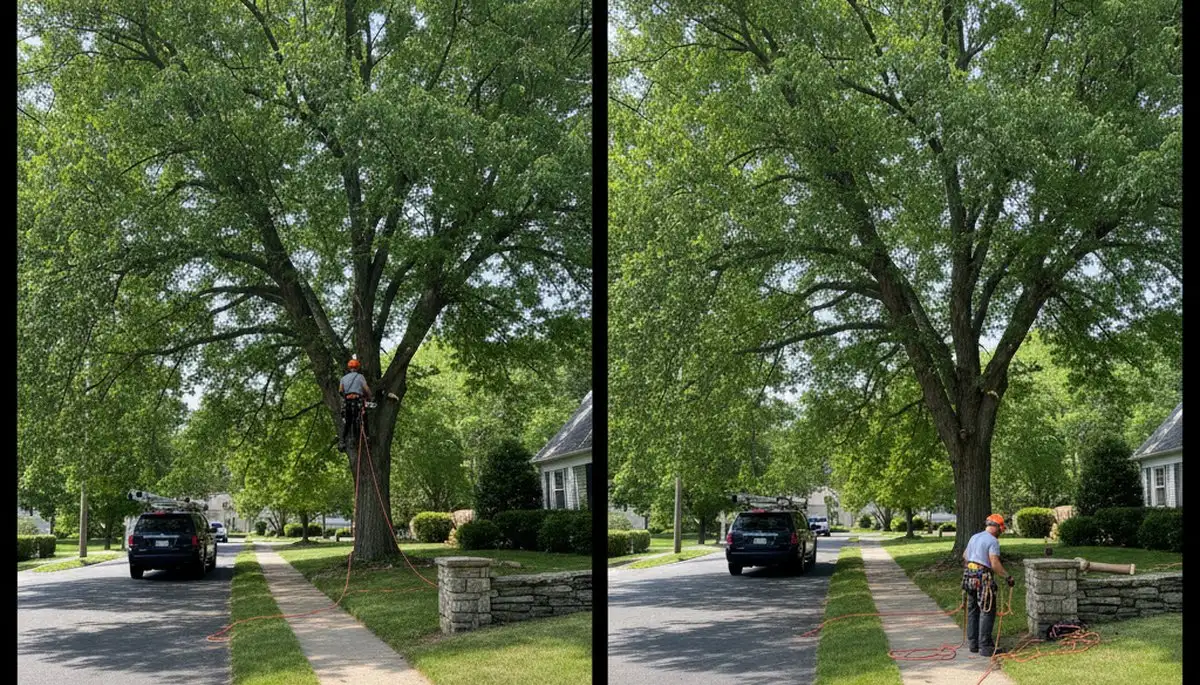 Arborist lifting tree canopy for improved clearance and curb appeal in Wellesley, MA tree trimming service