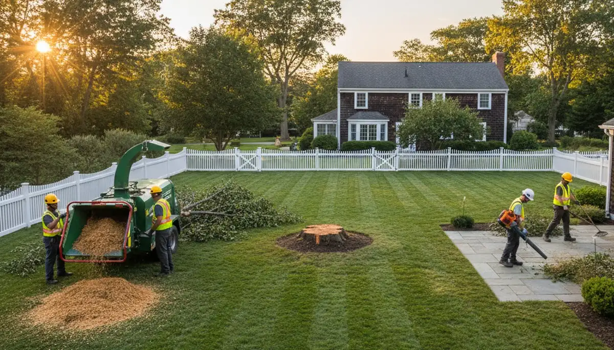 Clean residential yard after professional tree removal and site restoration in Wellesley, MA