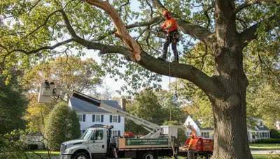 Arborist performing deadwood removal on mature tree in Wellesley, MA for safe, professional tree trimming