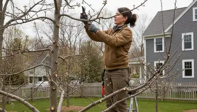 Arborist pruning mature fruit tree in Wellesley MA backyard orchard for optimal growth and canopy health