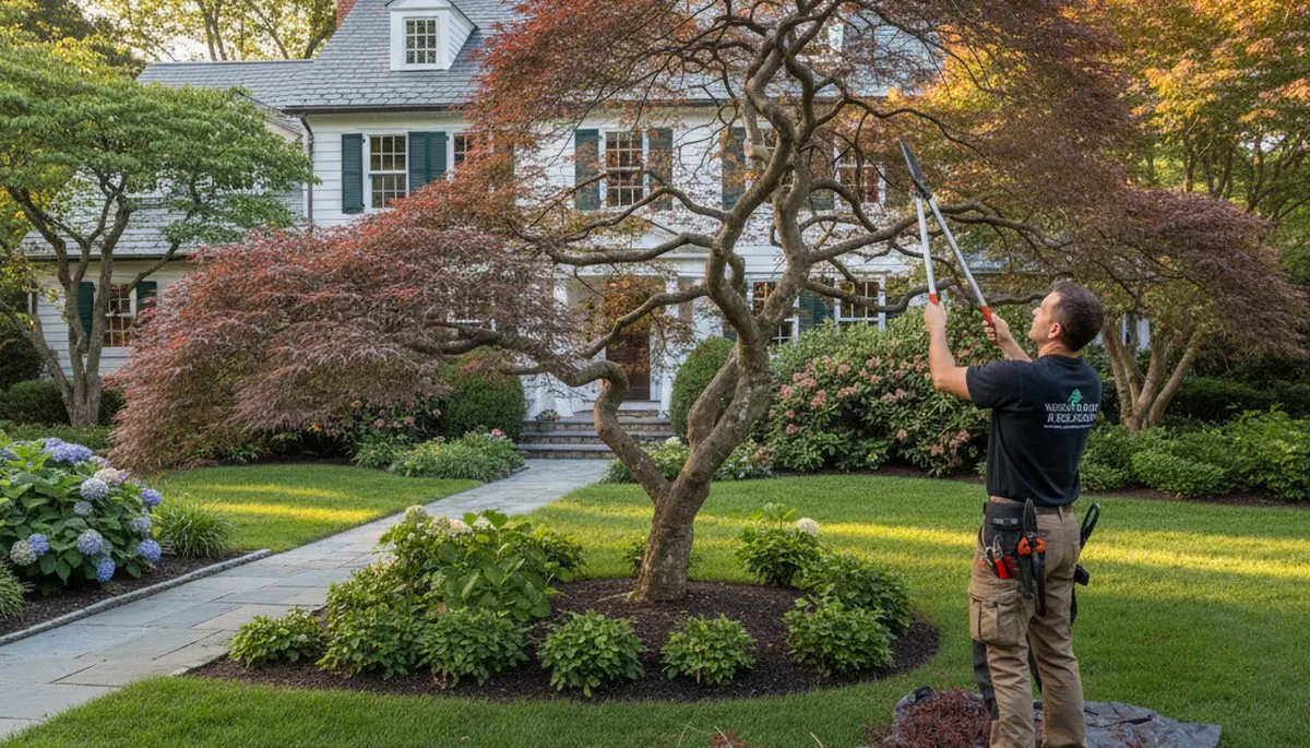 Arborist hand pruning ornamental Japanese maple for refined landscape tree care in Wellesley, MA