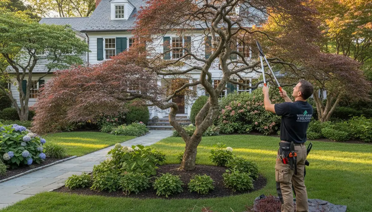 Arborist hand pruning ornamental Japanese maple for refined landscape tree care in Wellesley, MA