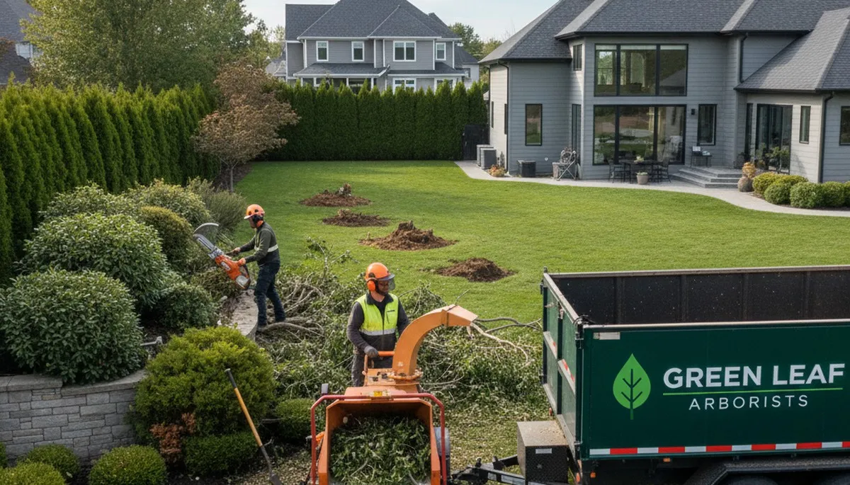 Professional shrub removal team clearing overgrown bushes in Wellesley, MA yard