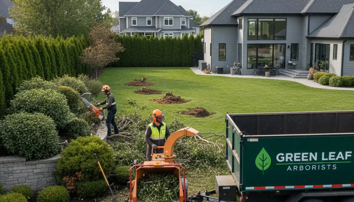 Professional shrub removal team clearing overgrown bushes in Wellesley, MA yard