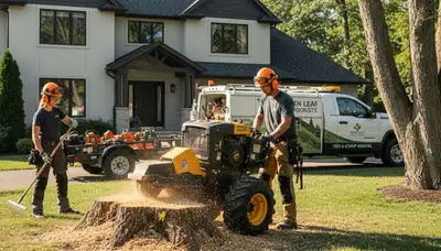 Arborist performing stump grinding on residential property in Wellesley, MA