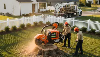 Arborist performing stump grinding service in Wellesley, MA for Chop Chop Tree