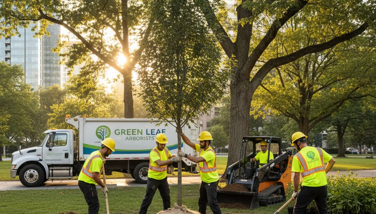 Arborist planting young tree in Wellesley MA yard for Chop Chop Tree professional tree services