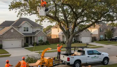 Professional tree removal service crew cutting large oak tree in Wellesley, MA safely and efficiently