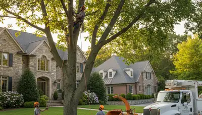Professional tree removal service team working safely in Wellesley MA residential neighborhood