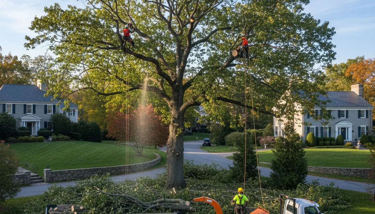 Professional tree removal service in Wellesley MA safely clearing large oak tree
