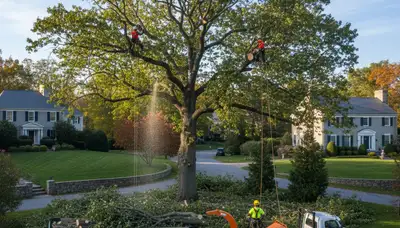 Professional tree removal service in Wellesley MA safely clearing large oak tree