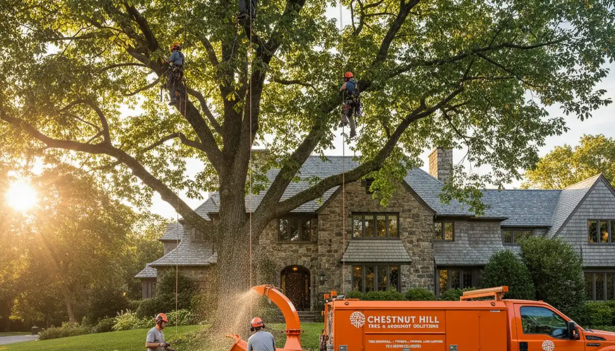 Professional tree removal service in Wellesley MA safely cutting and clearing large oak tree