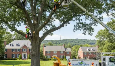 Professional tree removal service in Wellesley MA safely cutting large oak near residential home