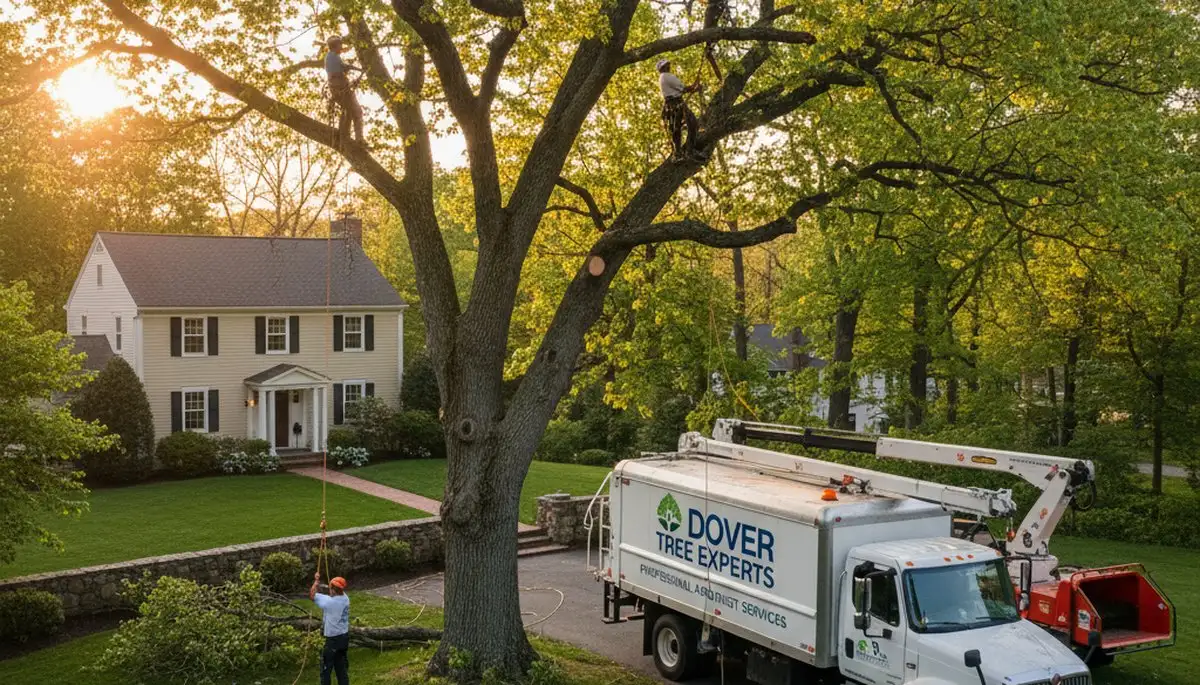 Tree removal professionals clearing large oak in residential yard Wellesley MA