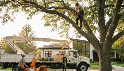 Arborist trimming large oak tree on residential property in Wellesley, MA for Chop Chop Tree