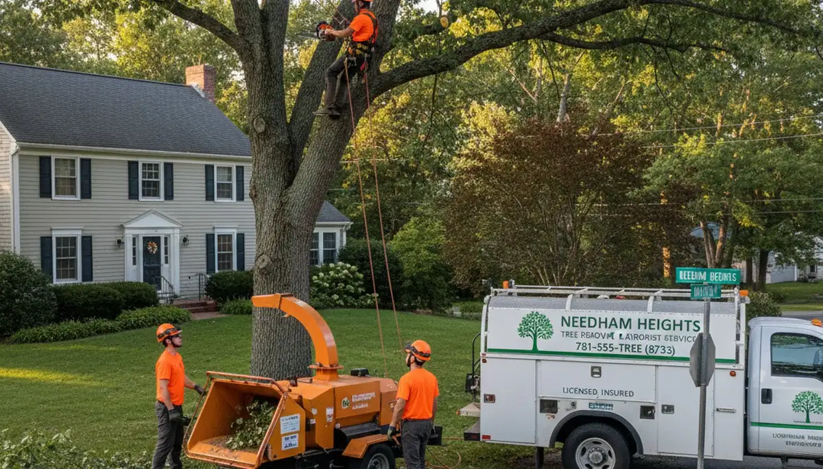 Professional tree removal service in Wellesley MA safely cutting down large oak tree