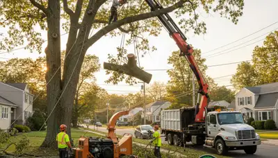 Professional tree removal service in Wellesley MA safely cutting and clearing large oak tree