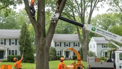 Professional tree removal service in Wellesley MA safely clearing large oak near suburban home