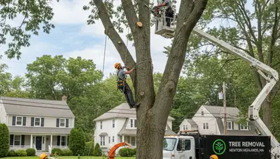 Professional tree removal service in Wellesley MA safely cutting and clearing large oak tree