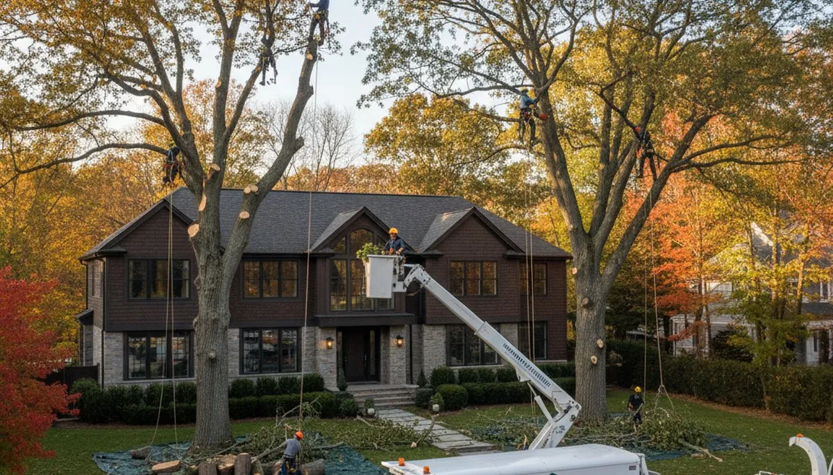 Professional tree removal crew working safely in Wellesley MA yard