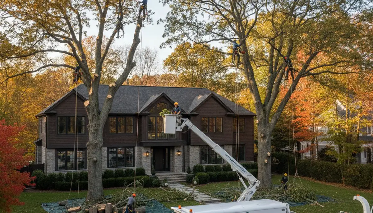 Professional tree removal crew working safely in Wellesley MA yard