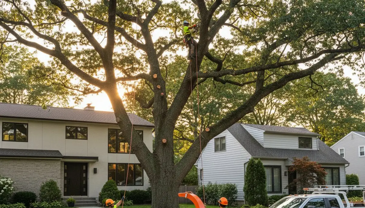 Professional tree removal service in Wellesley MA safely clearing large oak near residential home
