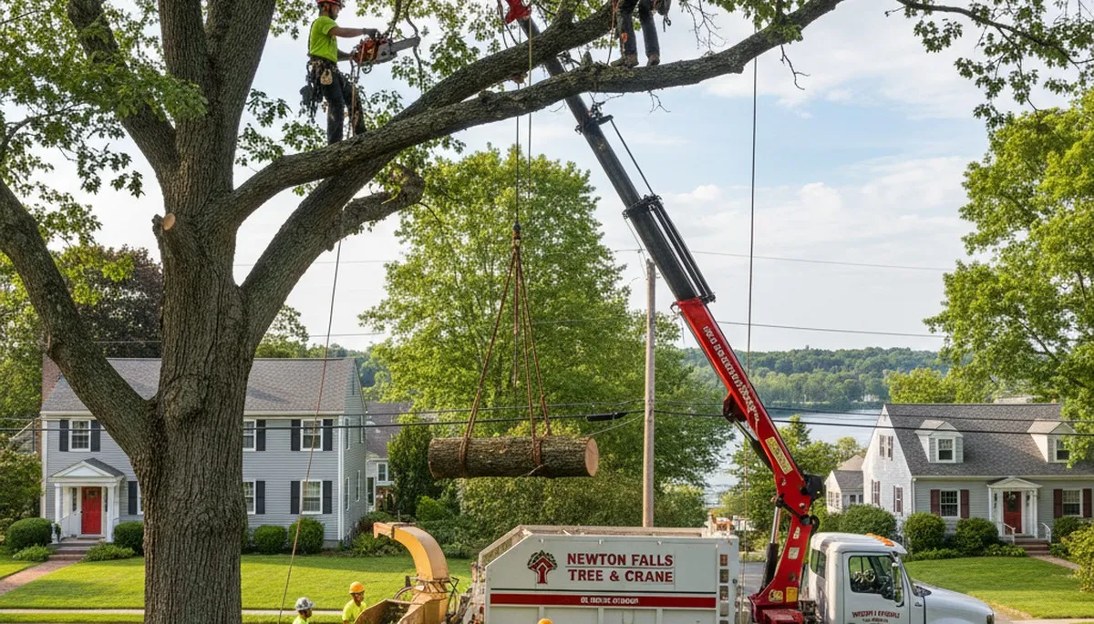 Professional tree removal service in Wellesley MA safely clearing large oak near residential property