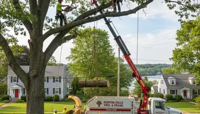Professional tree removal service in Wellesley MA safely clearing large oak near residential property