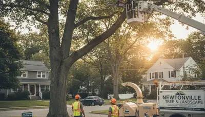 Professional tree removal crew working safely in Wellesley MA residential yard