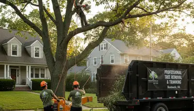 Professional tree removal service team in Wellesley MA safely cutting large oak tree