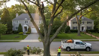 Professional tree removal service in Wellesley MA safely cutting down large backyard tree