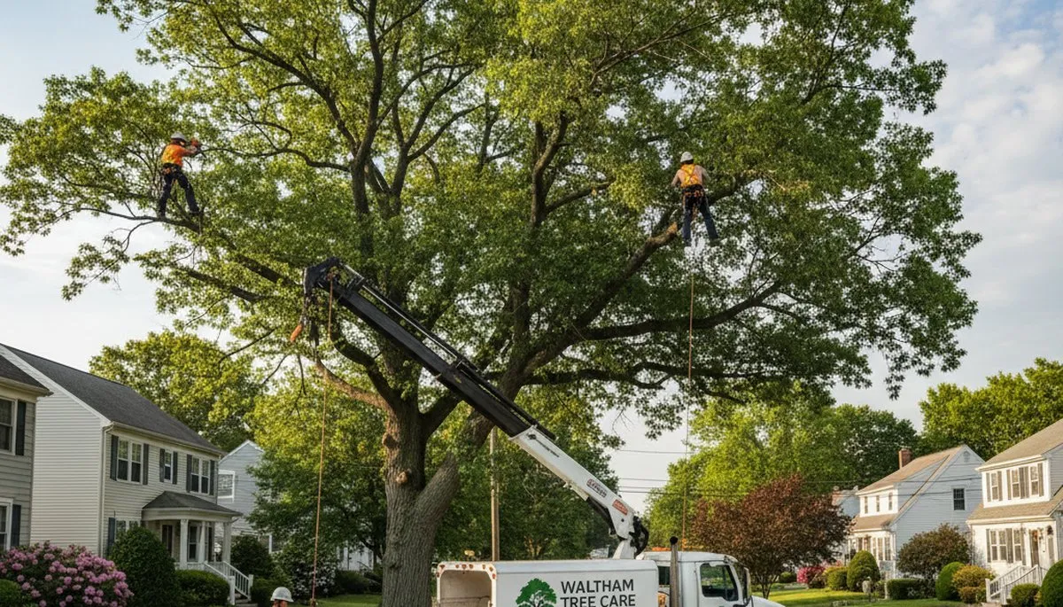 Professional tree removal service in Wellesley MA clearing large oak safely