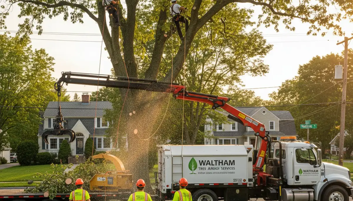 Professional tree removal service in Wellesley MA safely cutting and clearing large oak tree