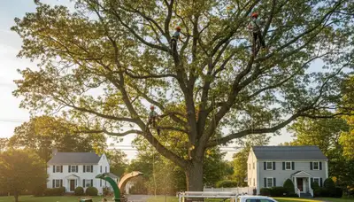 Professional tree removal service in Wellesley MA safely cutting large oak near residential property
