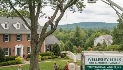 Professional tree removal service in Wellesley MA safely cutting down large oak tree