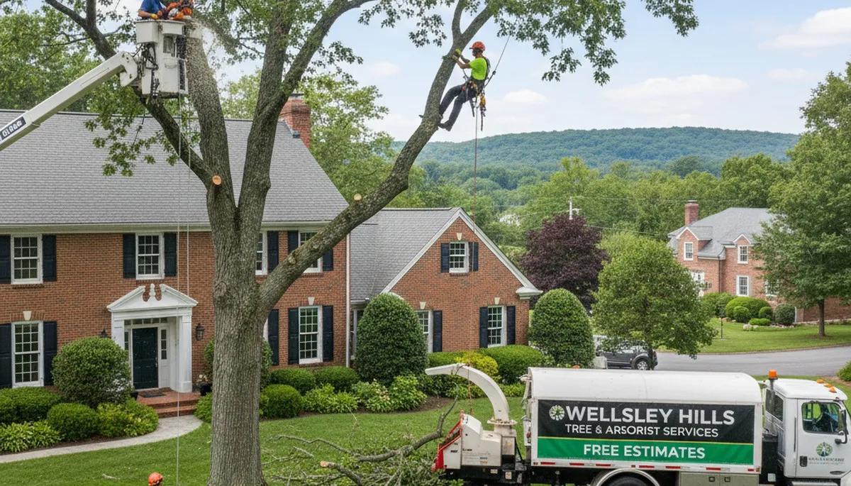 Professional tree removal service in Wellesley MA safely cutting and clearing large oak tree