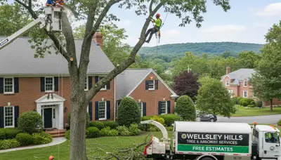 Professional tree removal service in Wellesley MA safely cutting and clearing large oak tree