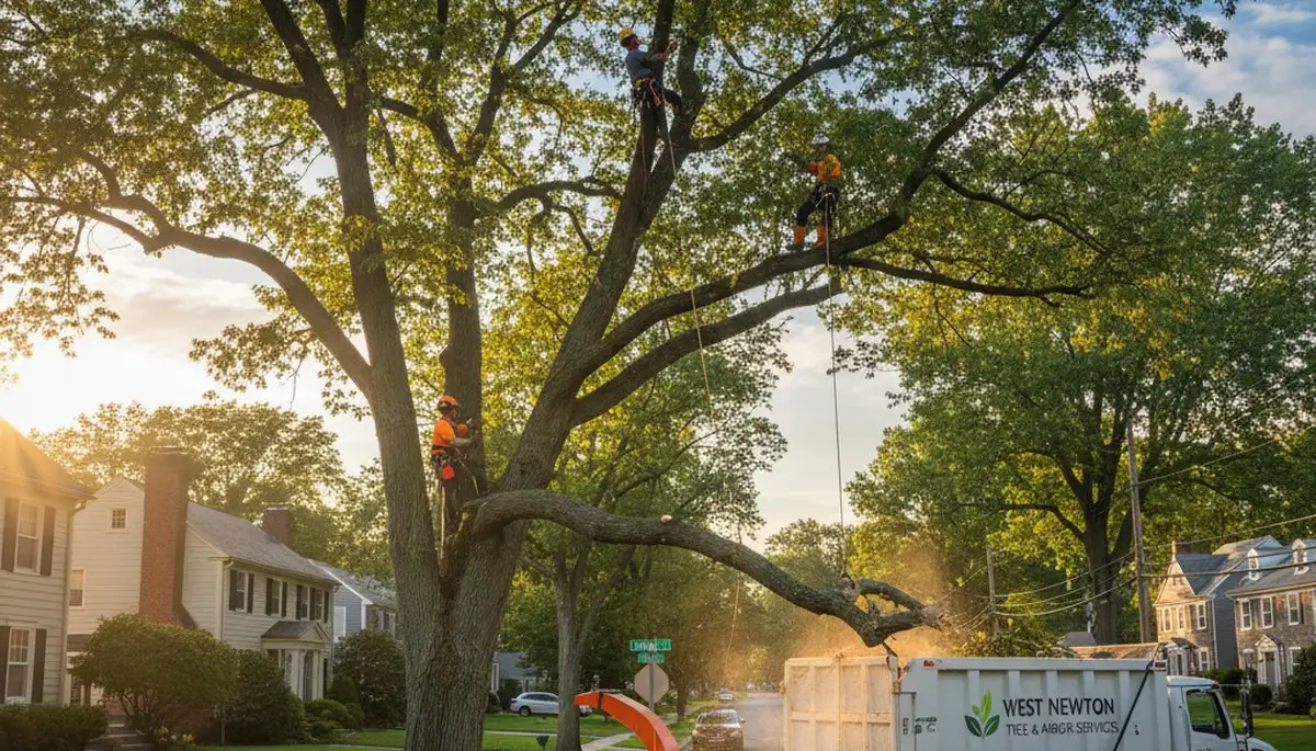 Professional tree removal service in Wellesley MA safely cutting down large oak tree