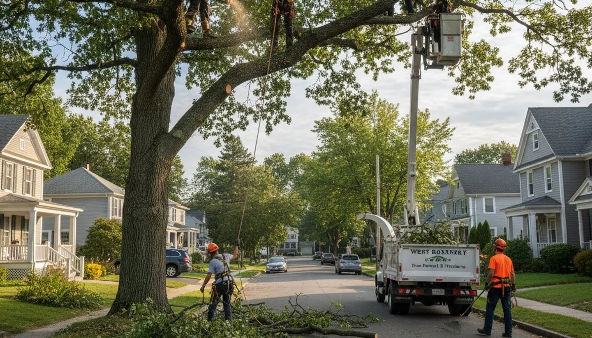 Professional tree removal service in Wellesley MA safely cutting and clearing large oak trees