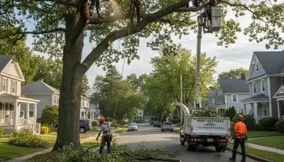 Professional tree removal service in Wellesley MA safely cutting and clearing large oak trees