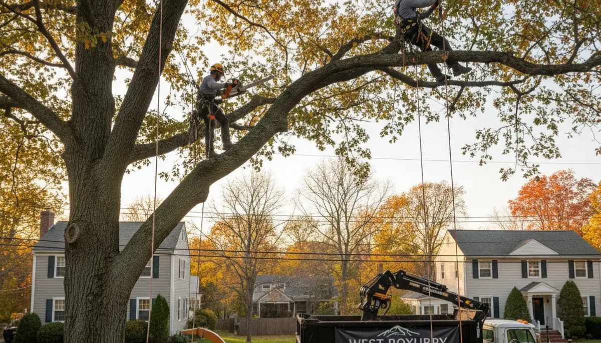 Professional tree removal service in Wellesley MA safely cutting and clearing large backyard trees